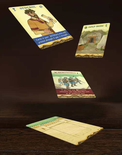 Crown of Aragón Conscripts, Gold Mine, and Mercenaries cards suspended above the shared play mat.