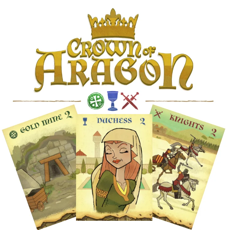 Gold Crown of Aragón logo above the Gold Mine, Duchess, and Knights cards.