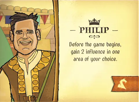 Philip Leader promo card with his opening influence ability.