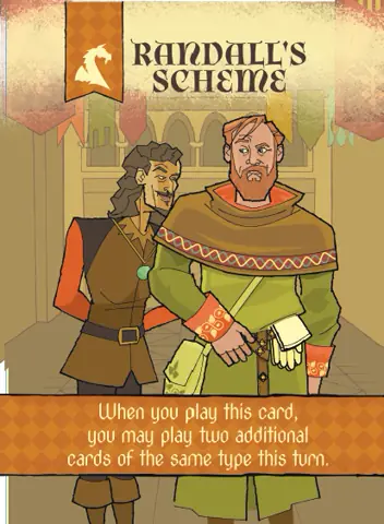 Randall’s Scheme Event card showing Randall with a conspirator in the court.