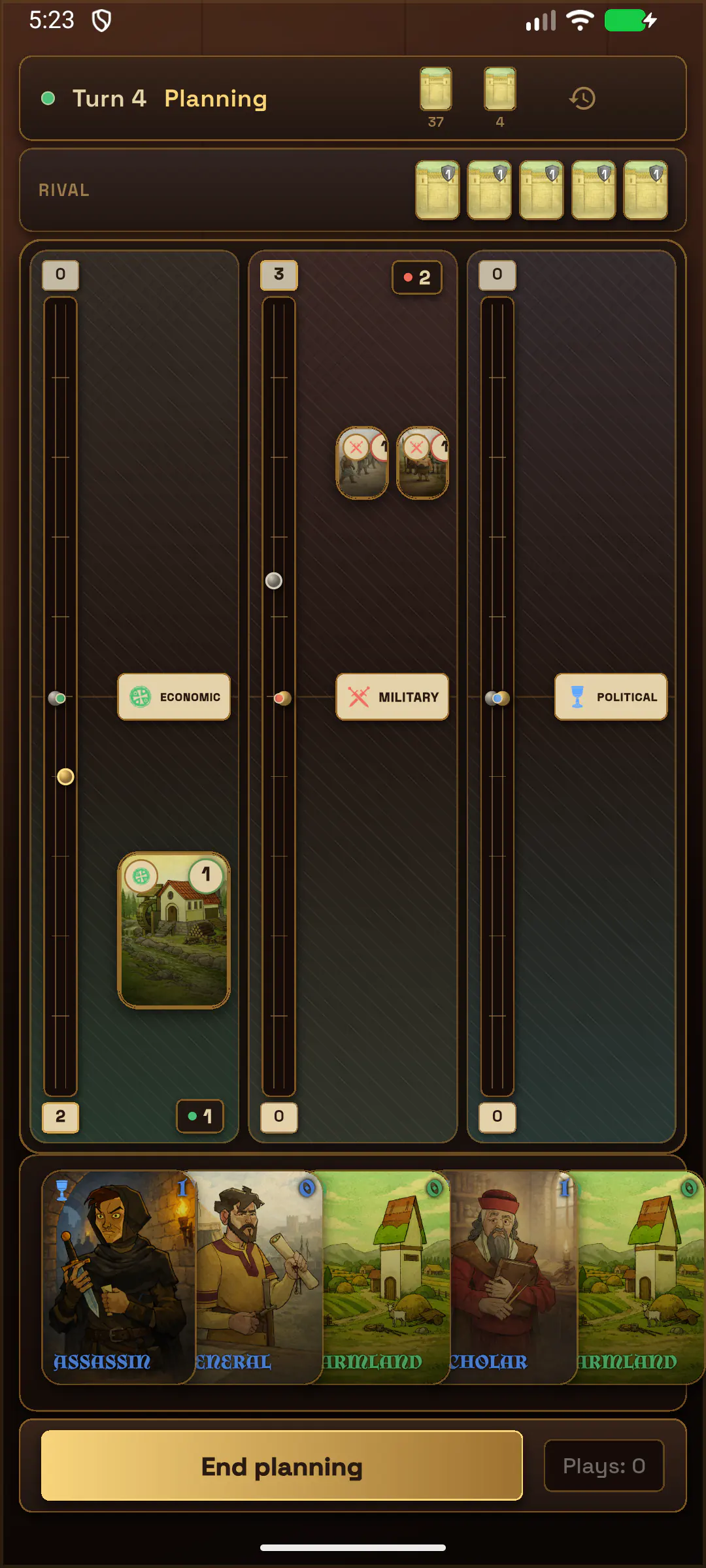 The same turn-four Practice match in the native phone app's portrait layout, with the influence areas and player's hand visible.
