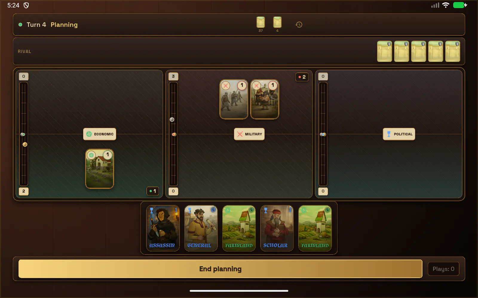 Turn four of a Seize the Crown Practice match in the native tablet app, with all three influence areas and the player's hand visible.